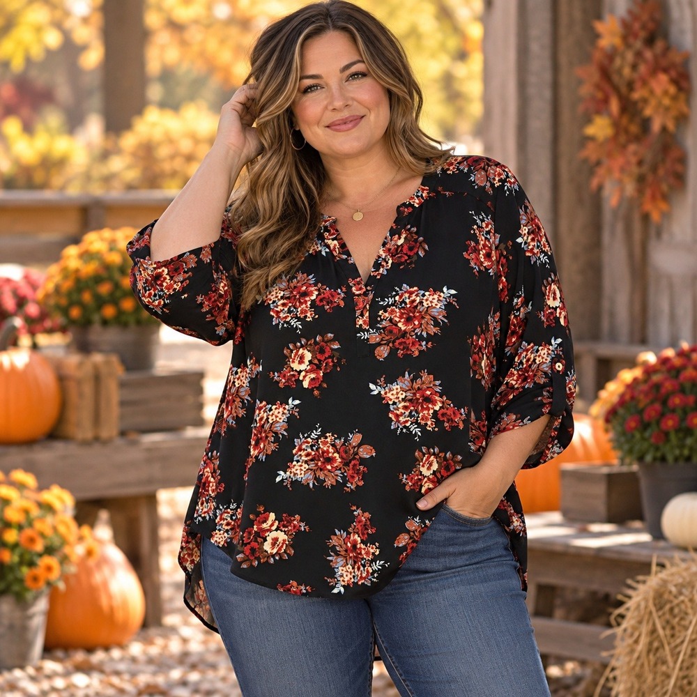Daniel Rainn Floral Split Neck Roll Tab Sleeve Blouse Black Red XXL